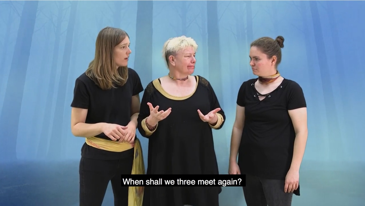Screenshot from Macbeth videos showing the three witches
