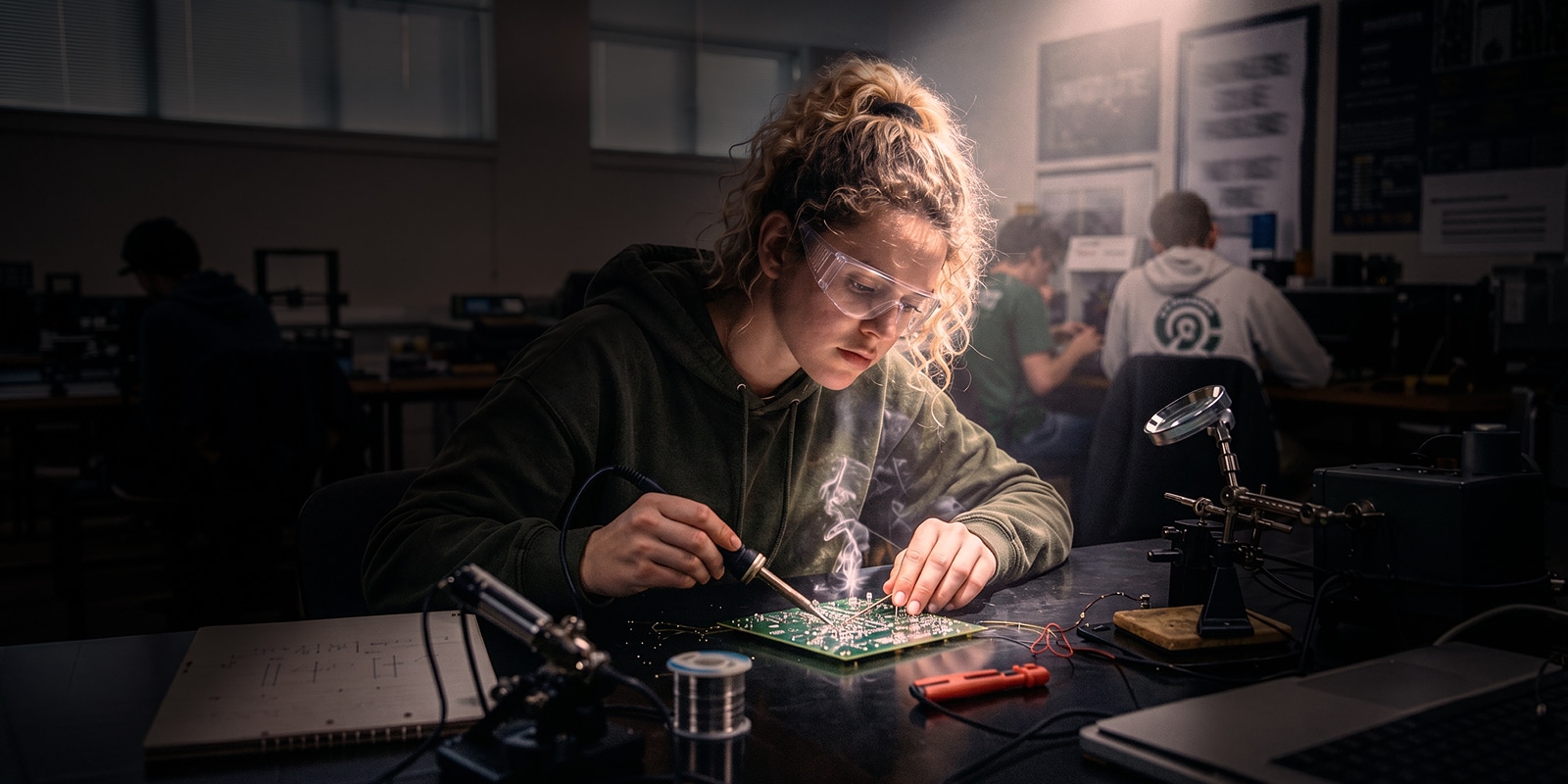 Student using a soldering iron to work on a circuit board.