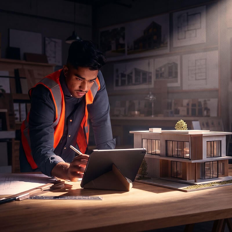 Young professional working in a construction workshop