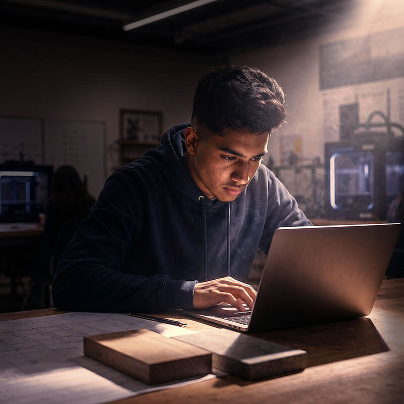 Student working on a laptop in a design workshop