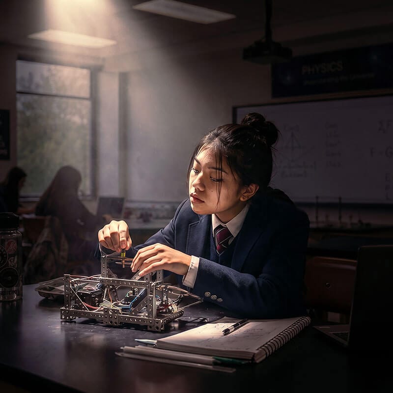 Student in classroom working on an engineering product