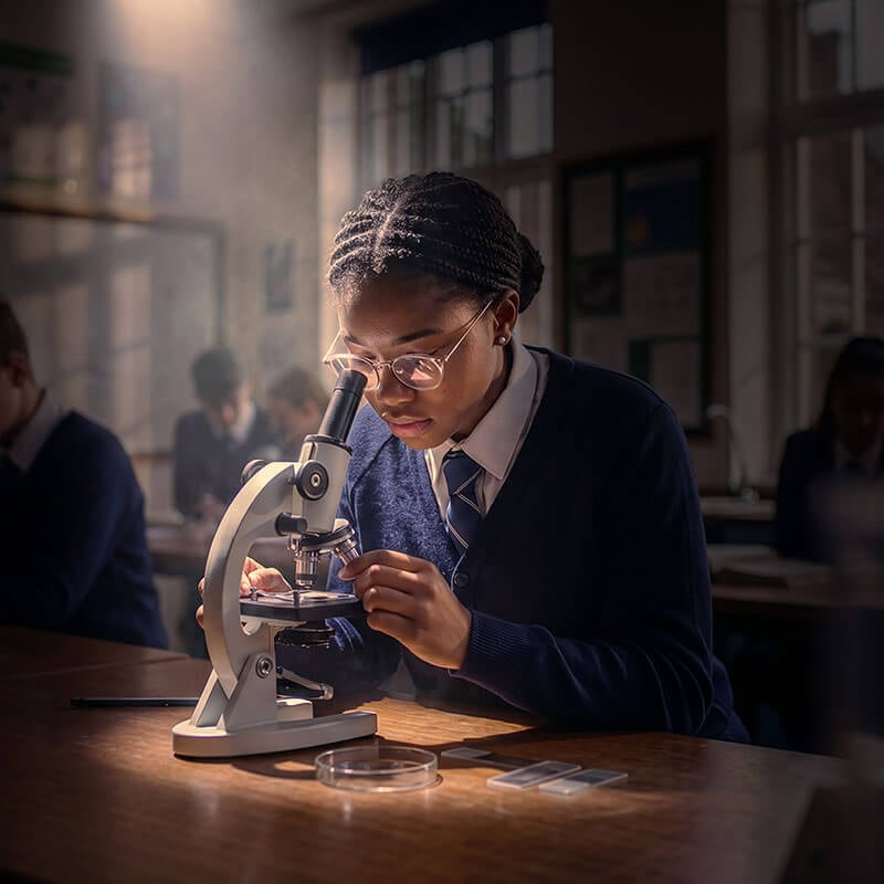 student in uniform in classroom looking through a microscope