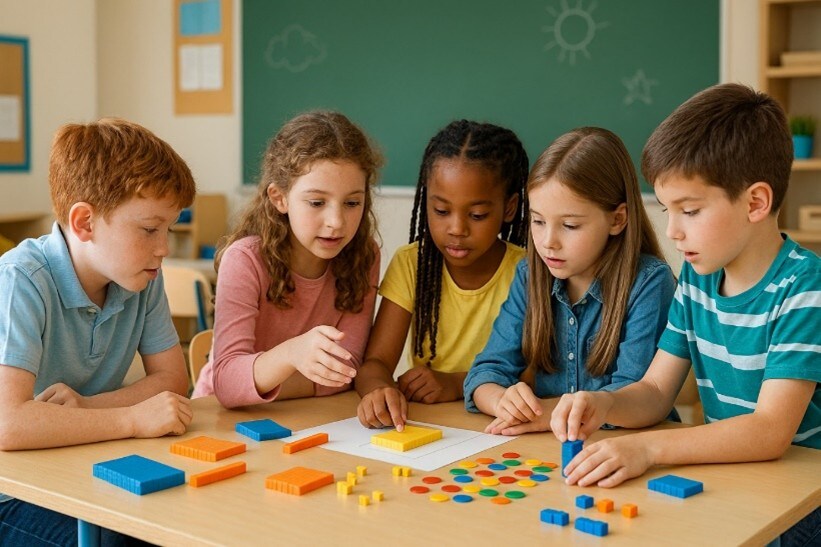Five children seated at a classroom table, collaboratively working with colourful counting blocks and counters during a hands-on maths activity.