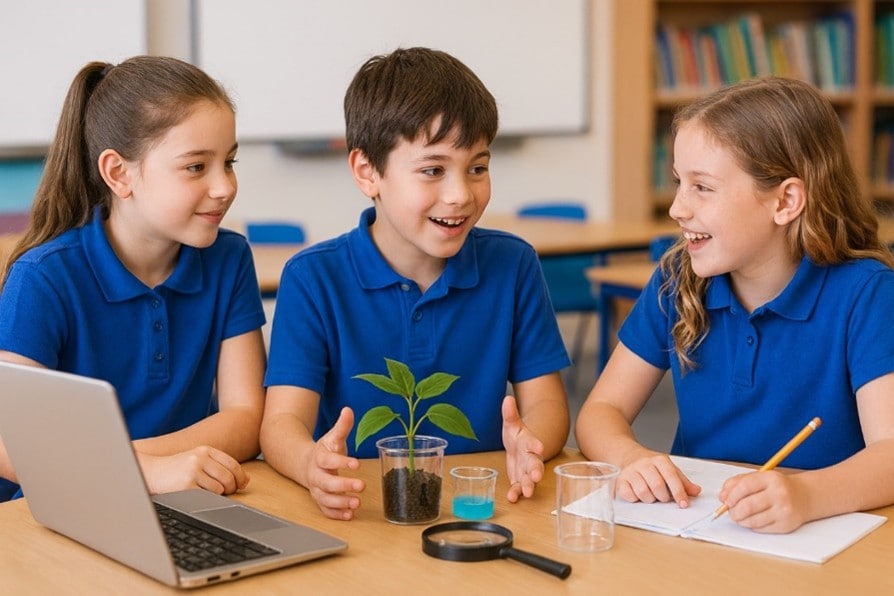 Three children seated at a classroom table observing a small plant in a clear container, with a laptop, magnifying glass, beakers, and a notebook arranged on the table.
