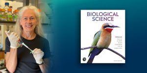 Lizbeth Allison and the textbook she co-authored, Biological Science, 8th Edition