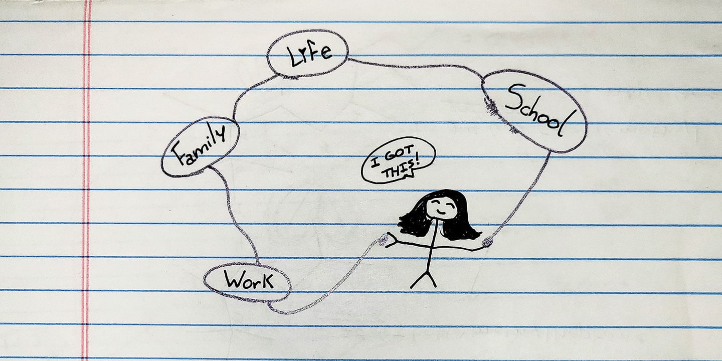 A hand-drawn doodle on lined notebook paper with a stick figure holding a string connecting the words School, Life, Family, Work and a dialogue bubble that says, ‘I GOT THIS!’