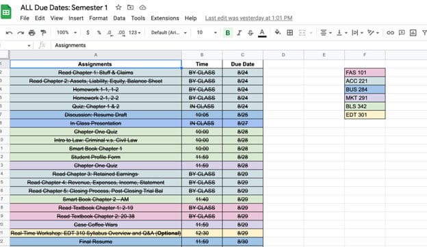 A screenshot of Bella’s Master Syllabus show assignments and due dates in an Excel spreadsheet.