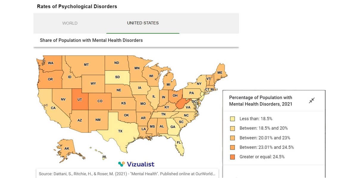 Map of the United States highlighting the percentage of the population with Mental Health Disorders as of 2021. 