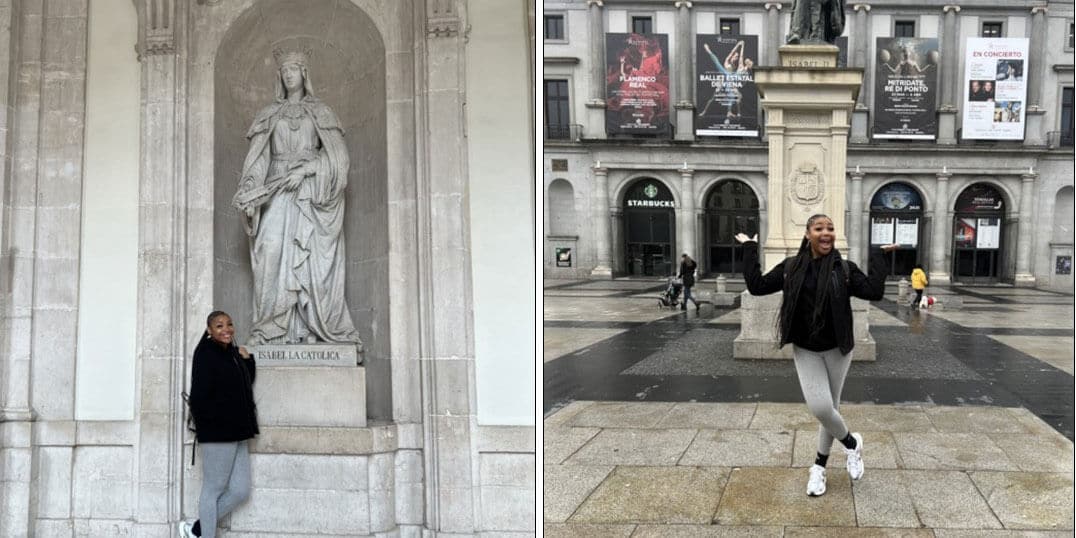 Two pictures of the blog author abroad in Italy, one in front of a statue and the other outside in front of a theater.