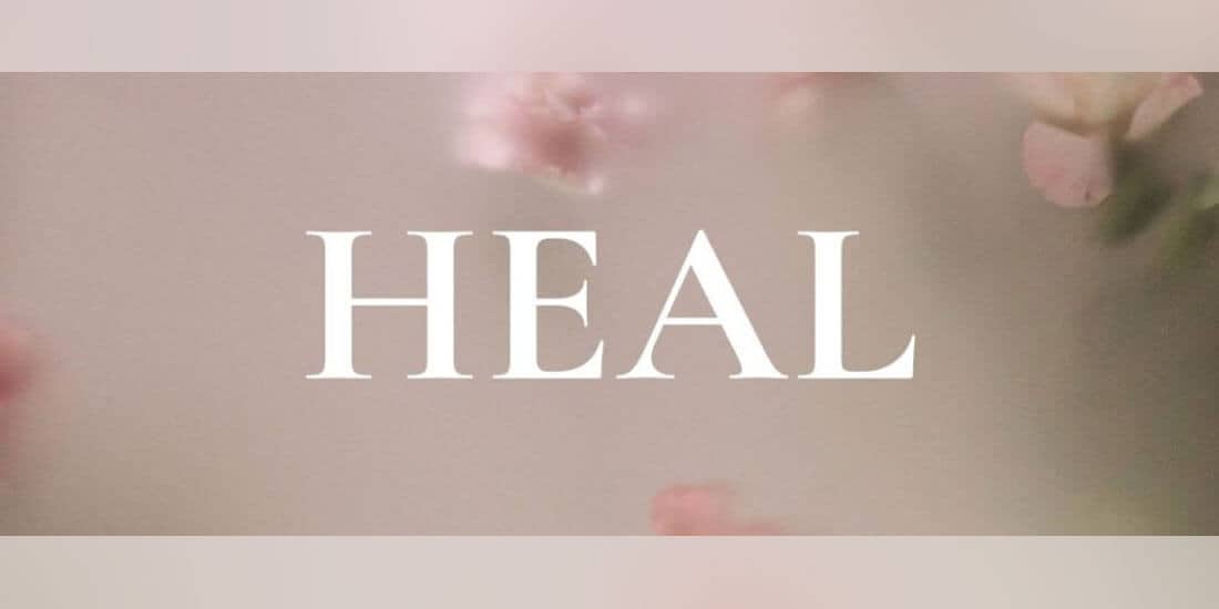 A computer-generated graphic with the word ‘HEAL’ set against a grey and pink background.