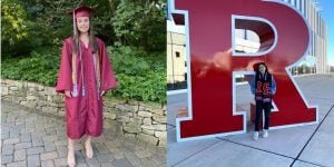 Two images side-by-side. On the left, blog author Maddy stands in her high school cap and gown. On the right, Maddy stands by a huge red ‘R’ at Rutgers University. 