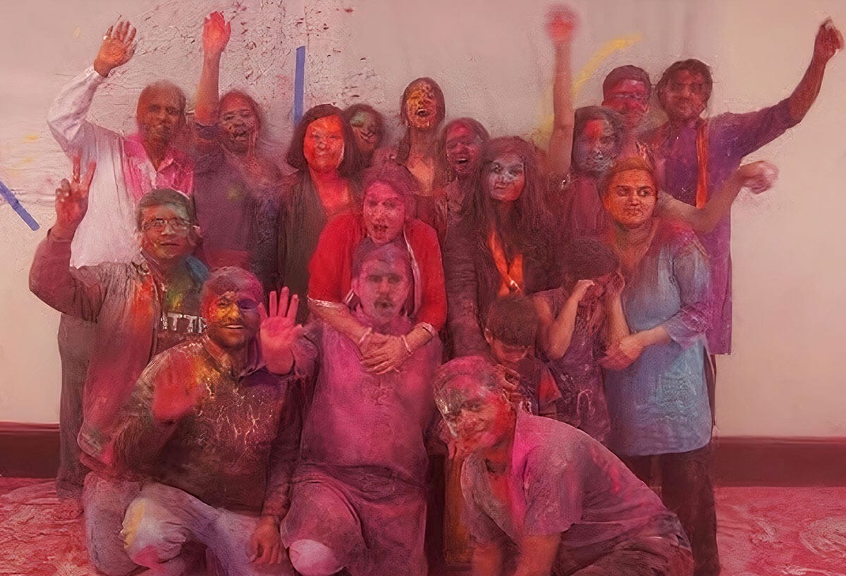 A group of people covered in varying colors of dust after celebrating Holi.
