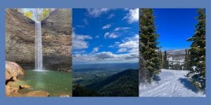 A group of 3 photos with outdoor vistas: a waterfall, a mountain top view, and a ski slope.
