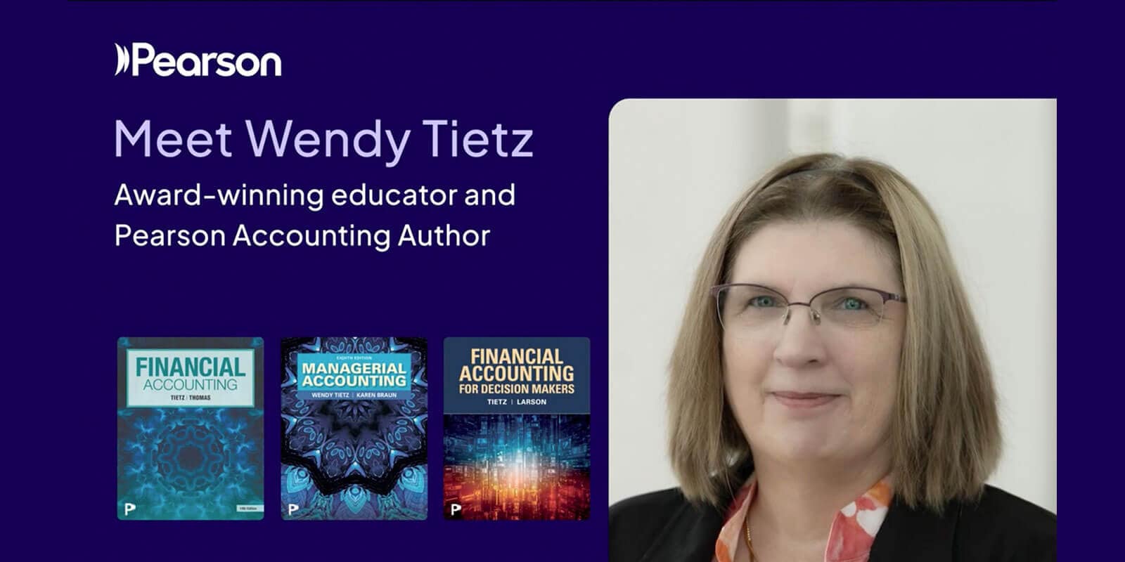 A video screencap with a photo of the author reading "Meet Wendy Tietz - award-winning educator and Pearson Accounting Author"