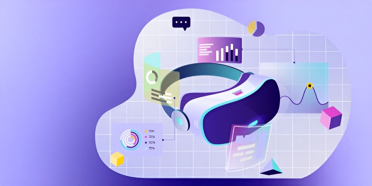 Stylised illustration of a virtual reality headset surrounded by digital charts, graphs, and icons, representing immersive learning experiences and educational technology
