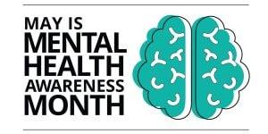 illustration of a brain with the saying: May is Mental Health Awareness Month
