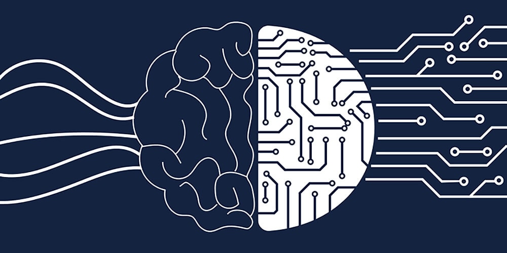 Schematic illustration depicting a hybrid of a brain and circuit board