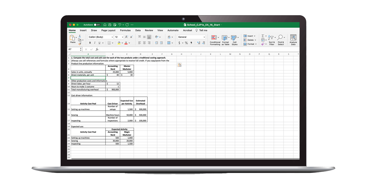 Screenshot of Excel spreadsheet featuring a partial absorption income statement.