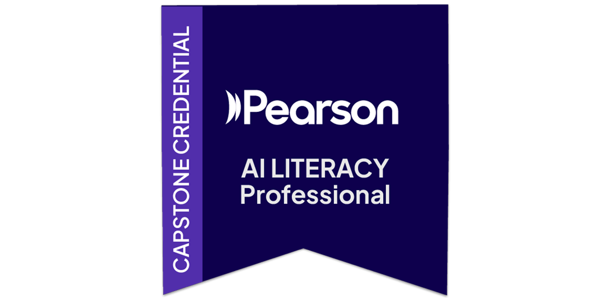 A purple badge displaying the Pearson logo with text "Capstone Credential AI Literacy Professional" in white.