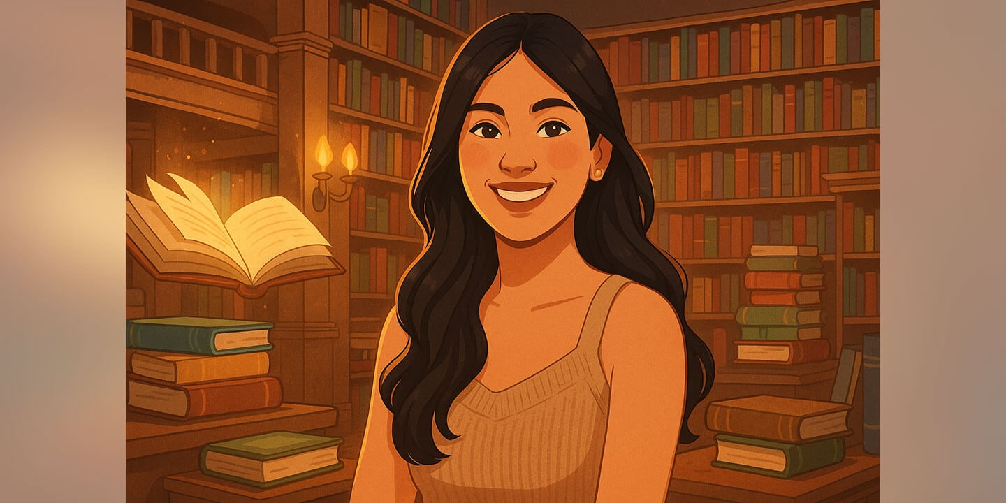 A computer generated image of a female student in front of a bookcase.