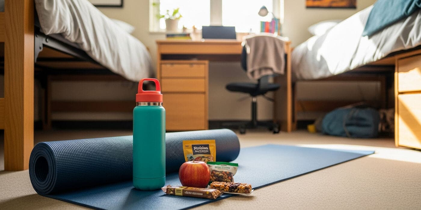 Healthy snacks and a water bottle on a yoga mat between two beds on the floor of a dorm room.