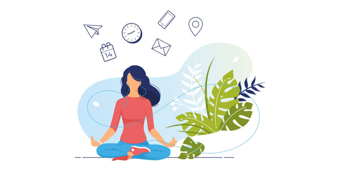 Graphic showing a woman meditating with a plant next to her and a clock, phone, paper airplane, envelope, calendar, and location point above her.