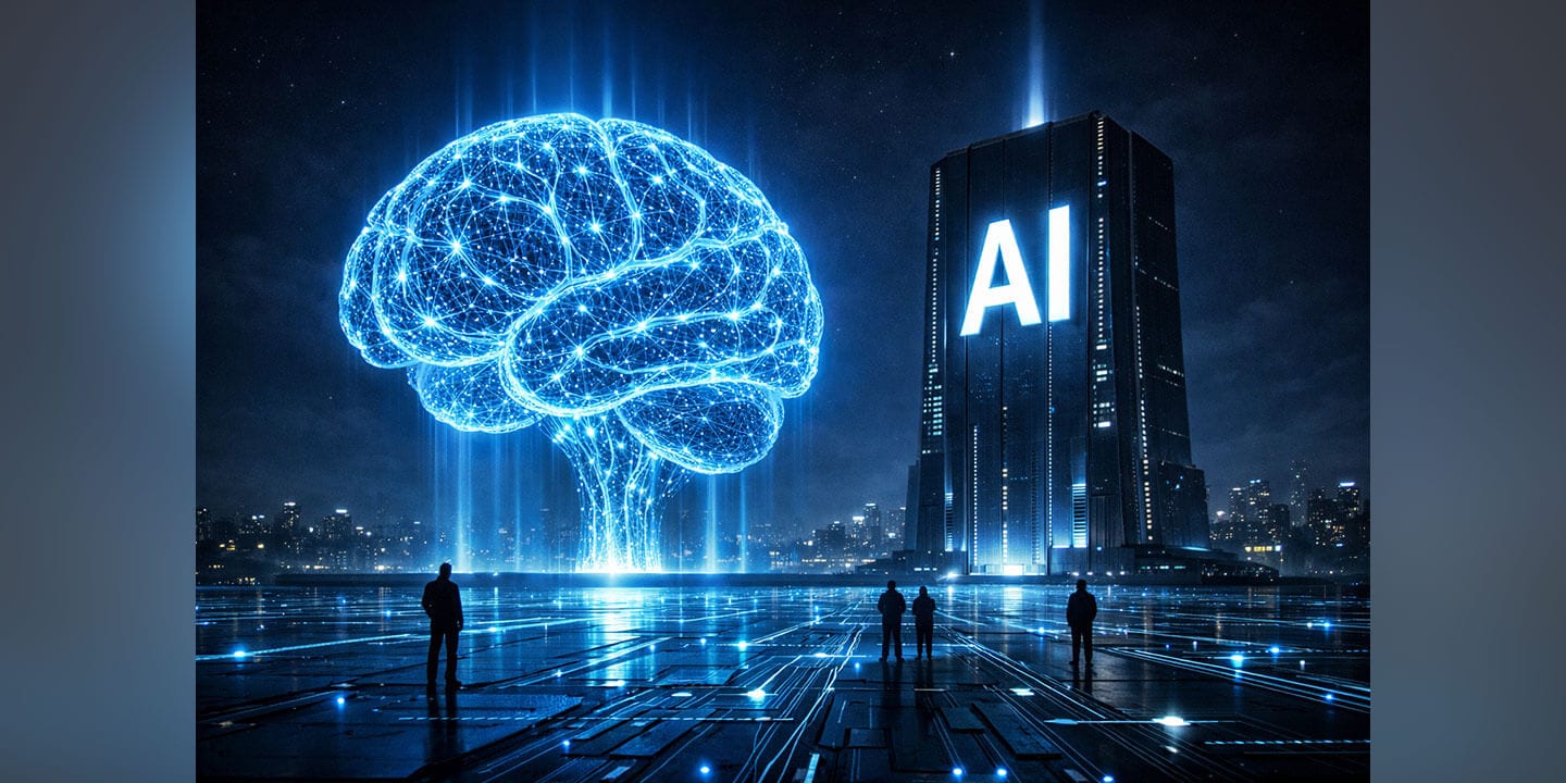 A futuristic city scene with a a building that has the letters “AI” on it, a large brain outlined in neon blue, and the ground outlined in neon blue circuits.