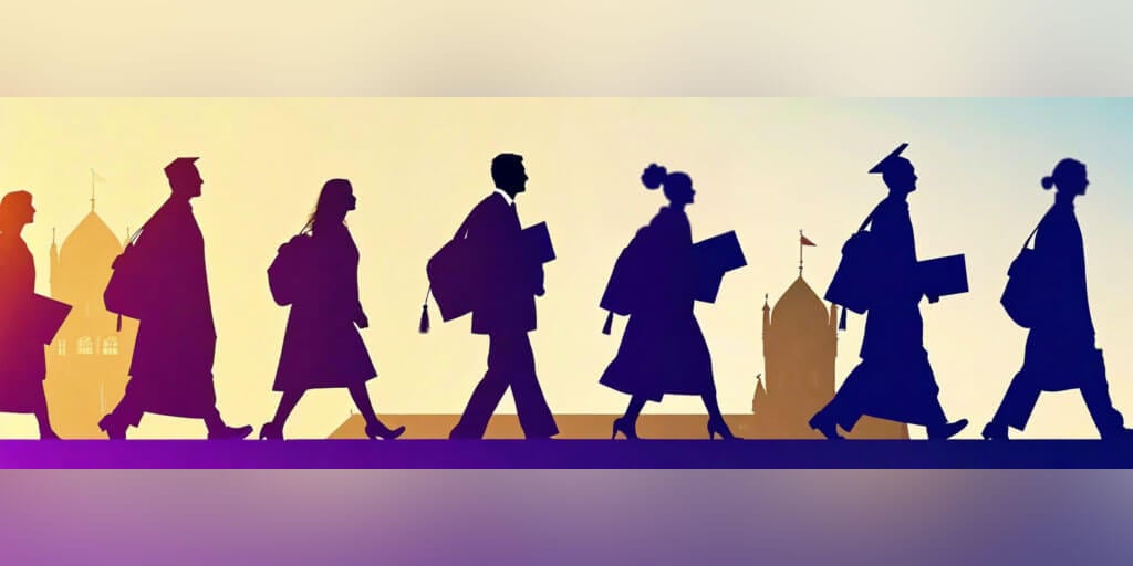 Graphic showing the silhouette of seven people walking in line in a campus setting.