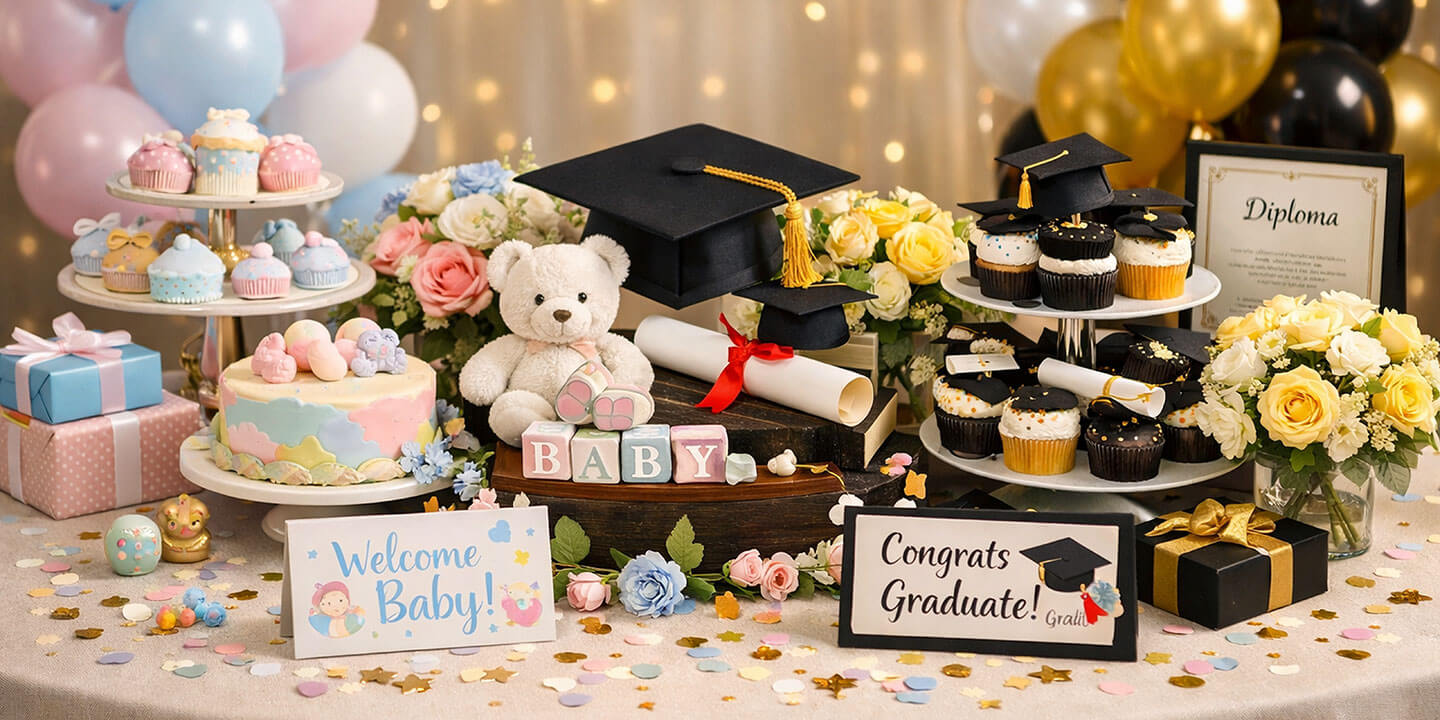 A party scene showing both a baby shower and a graduation party. The scene is filled with cupcakes, flowers, balloons, and party decorations.