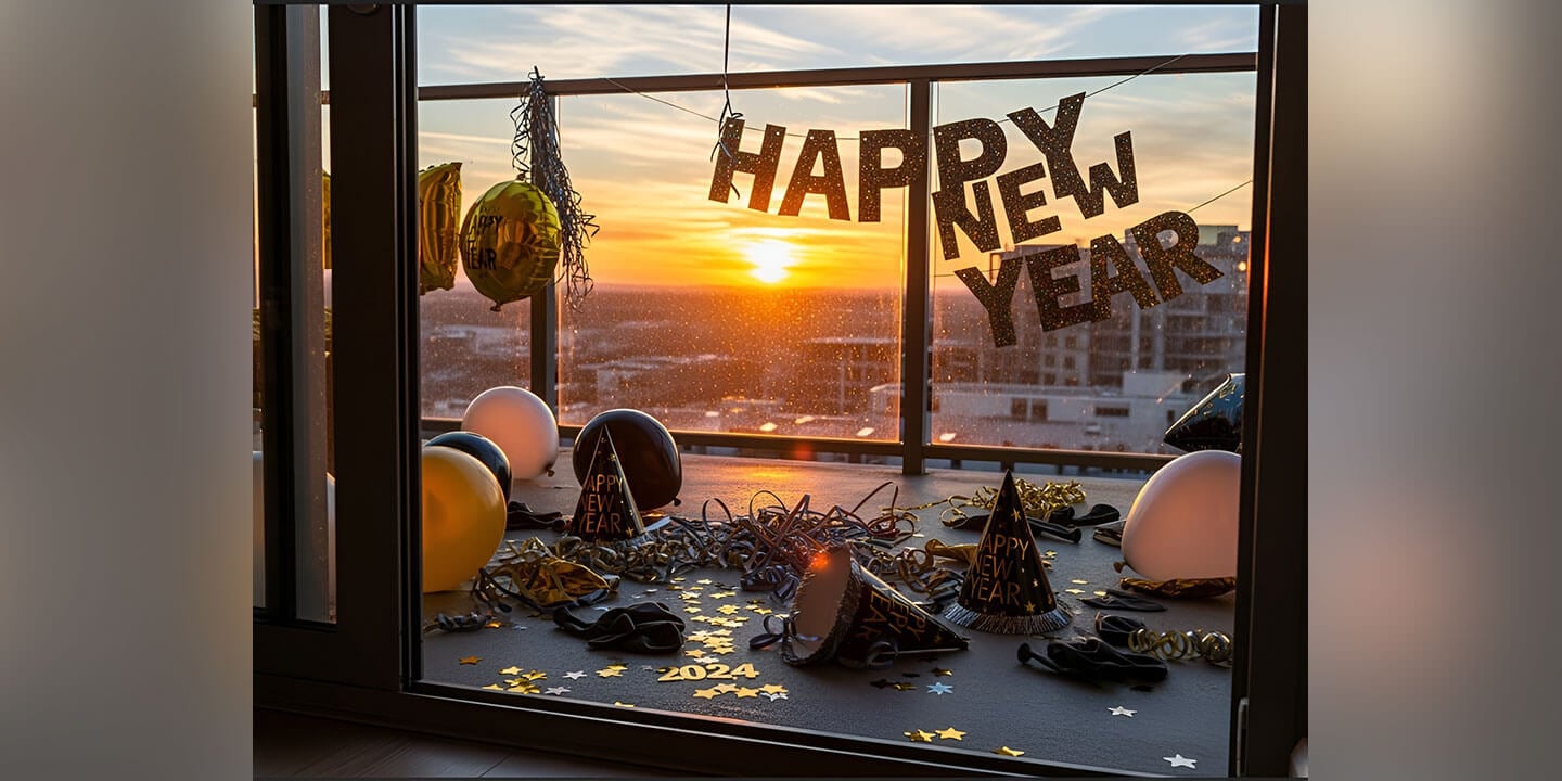 A view through a window with streamers, party hats, balloons, and a Happy New Year banner at sunrise.