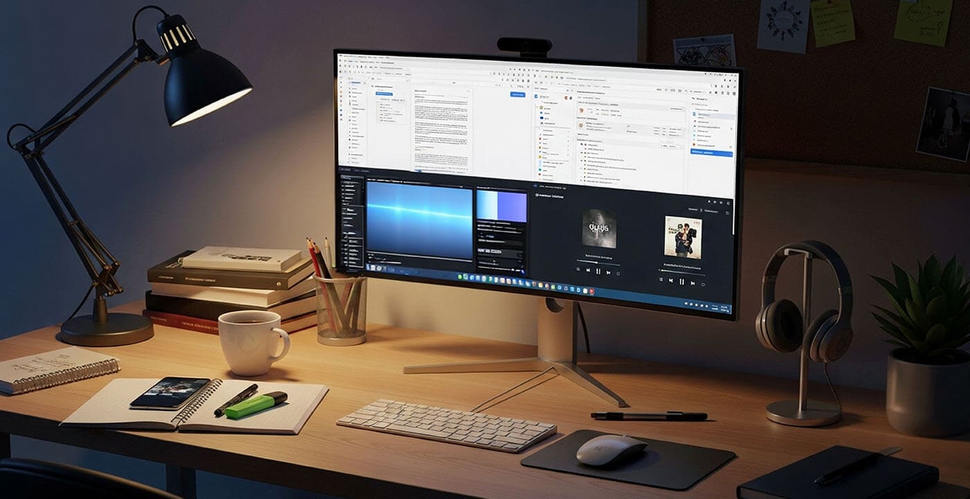 An organized, modern desk with a large monitor, keyboard, mouse, surrounded by a desk lamp, a cup, notebooks and pens, a phone, headphones on a stand, a plant, and a stack of books.