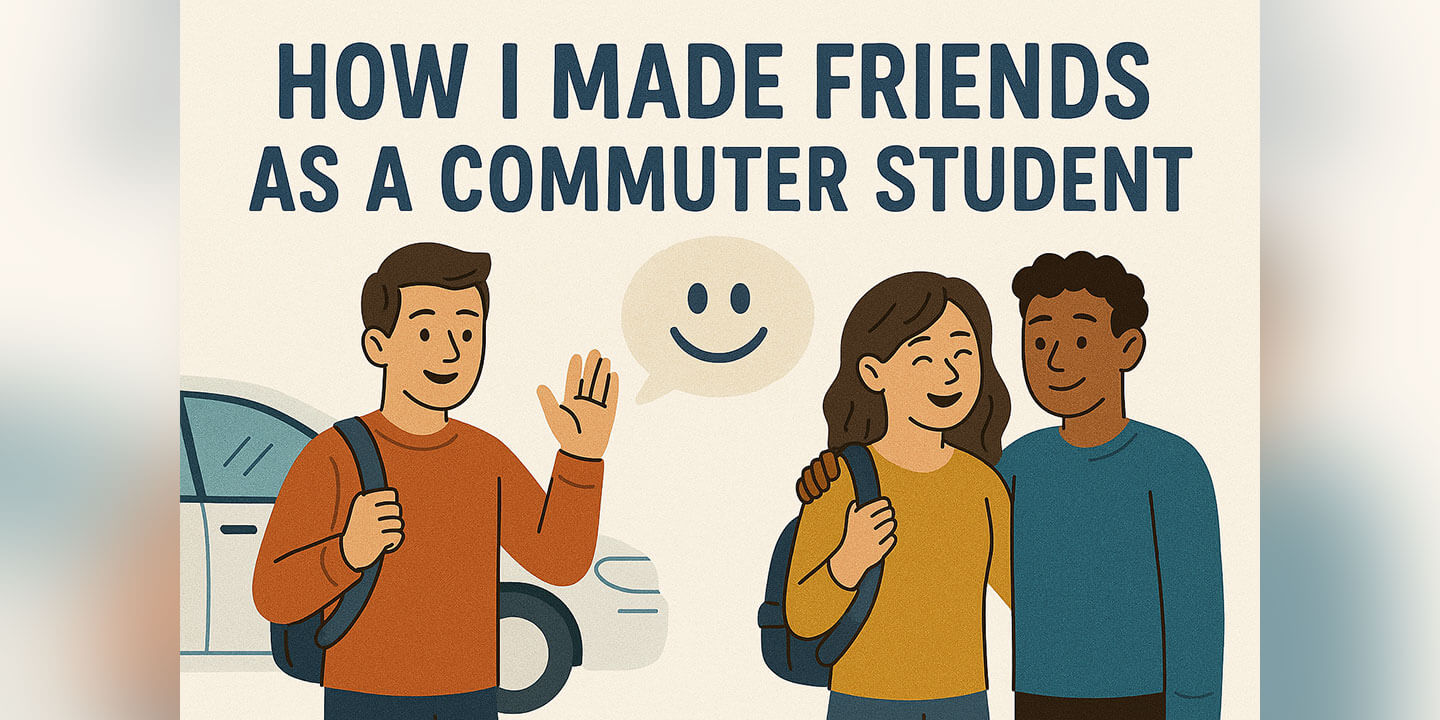 A computer generated graphic with the blog title and three cartoon characters greeting each other in a parking lot.