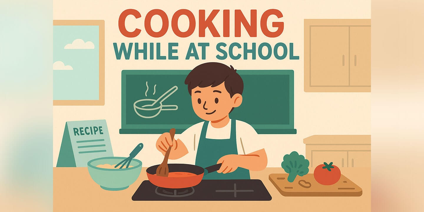 Graphic shows a cartoon male cooking something in a pan on a stove with ingredients on the counter, a recipe, and a whisk in a bowl by his side. The graphic is labeled COOKING WHILE AT SCHOOL.