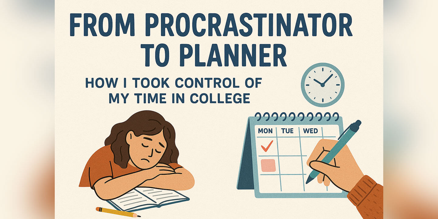 Cartoon graphic shows blog title along with student resting their head over an open book and pencil along with a hand poised over a calendar and a clock.