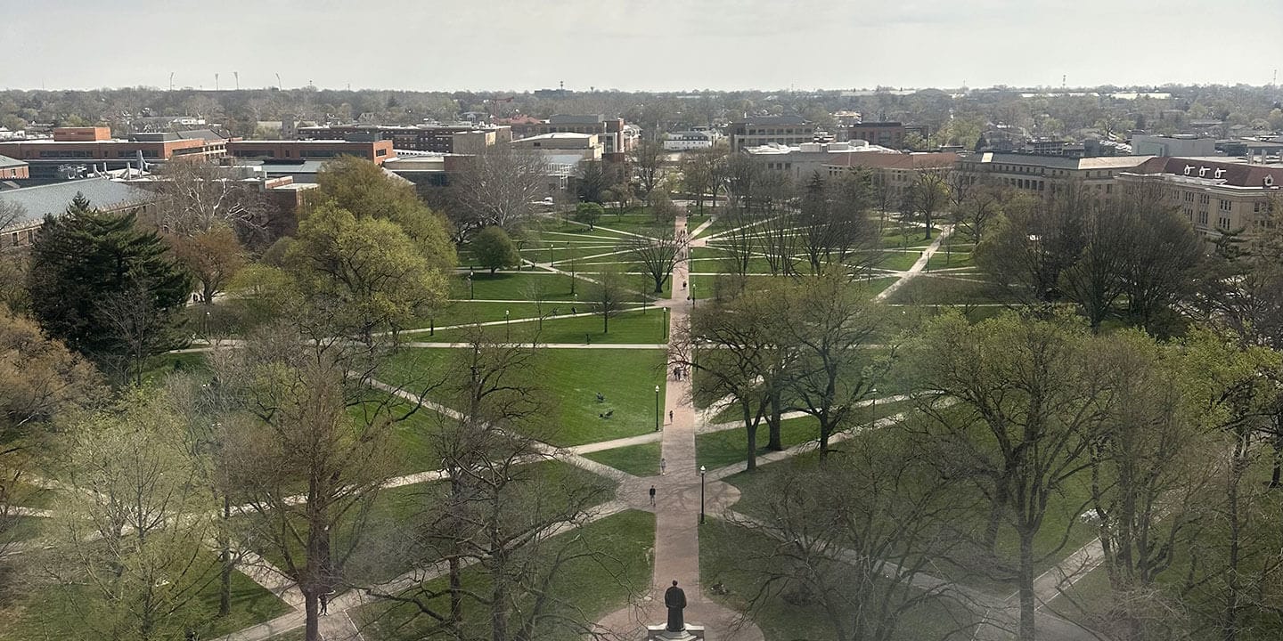Multiple campus paths crisscrossing in the middle of a large campus.