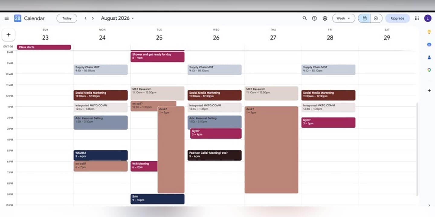 Image shows a screenshot of a week-long college class schedule with each class listed in a different colored time block.