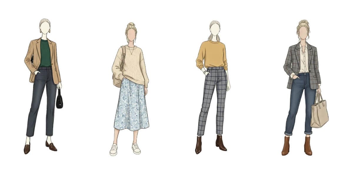 The graphic shows four line drawings of fashion models wearing four different business casual outfits.