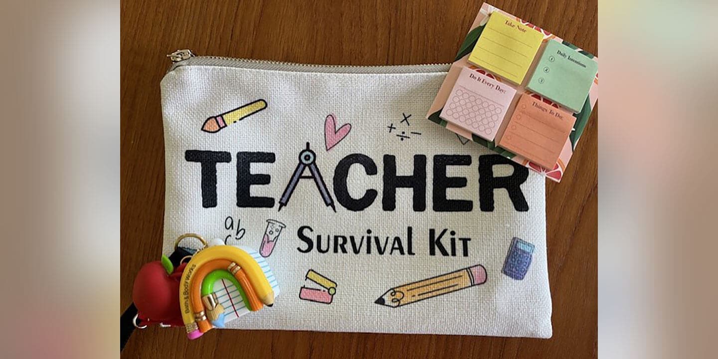 The image shows a pencil pouch with the words Teacher Survival Kit on it surrounded by small graphics, also pictured are a rainbow keychain and a picture of 4 colored post it note packs.