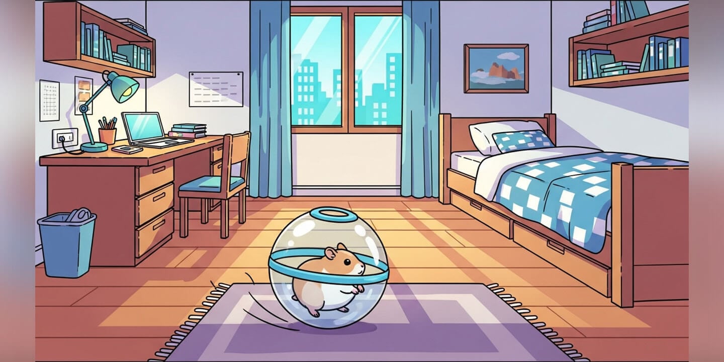 The graphic shows a hamster in a hamster ball on the floor in the middle of a dorm room.
