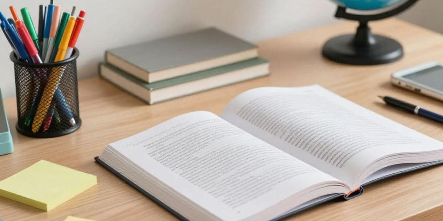 A neatly arranged desk setup featuring an open book; a pen holder filled with colorful pens, sticky notes, books, a phone, a pen, and two stacked books.