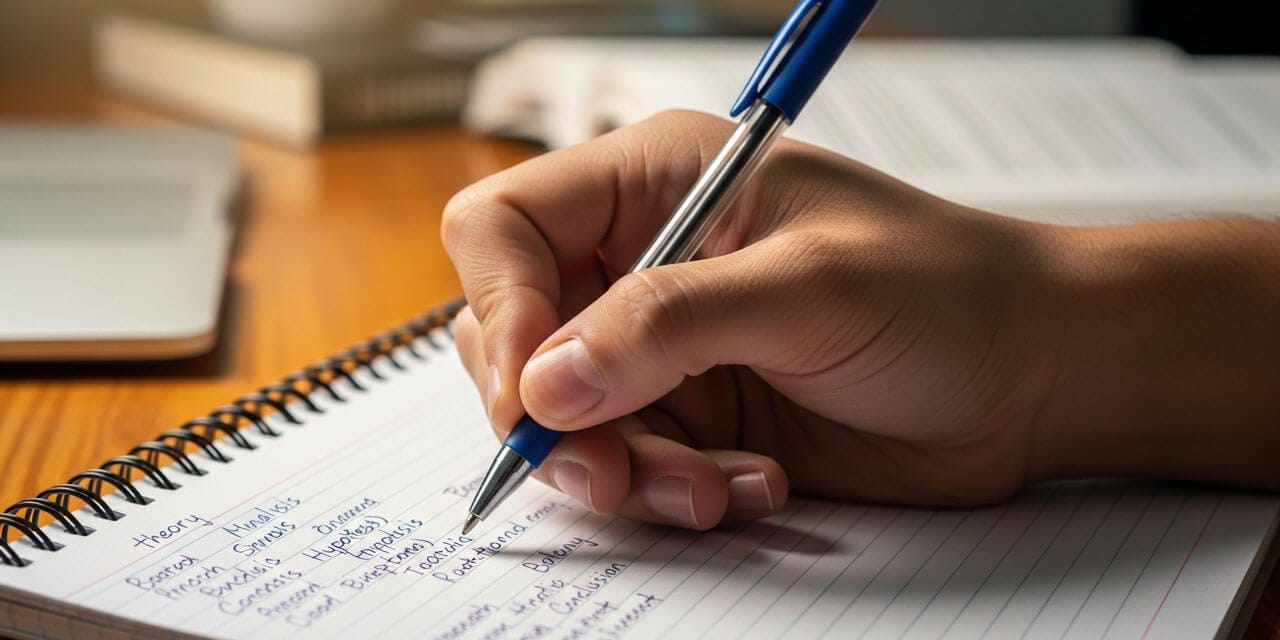 Scene shows a hand with a blue pen writing notes in a spiral bound notebook.
