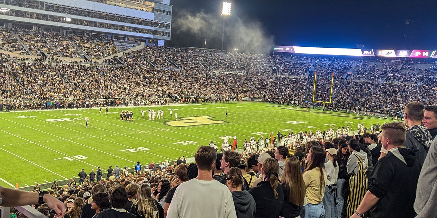A college football stadium packed with fans.