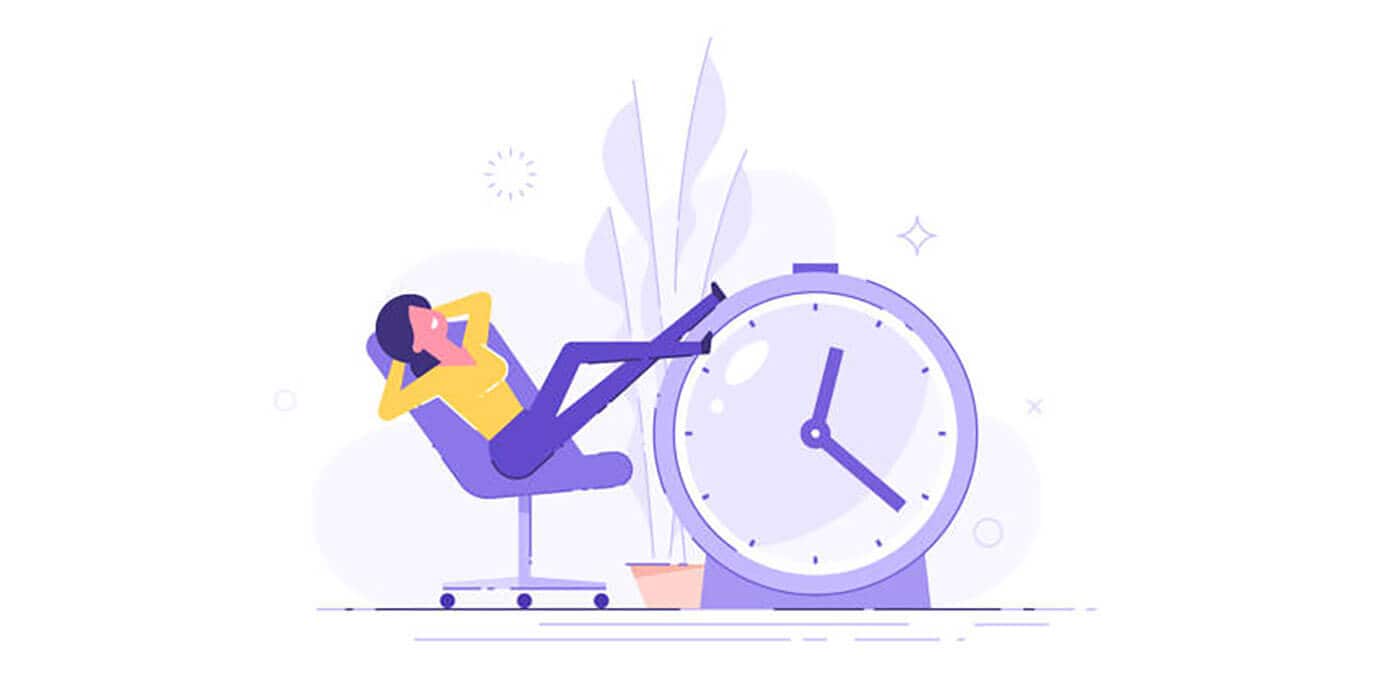 Graphic shows a woman wearing a yellow shirt and purple pants in reclined chair with her feet resting on an oversized clock.