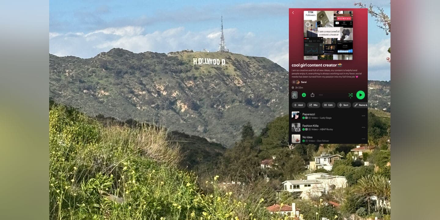 A screenshot of a Spotify playlist called “cool girl content creator" is superimposed on the scenic view of the iconic Hollywood sign, set against the hills of Los Angeles.