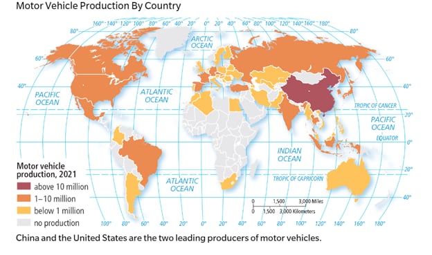 Motor vehicle production by country. China and the United States are the two leading producers of motor vehicles. 