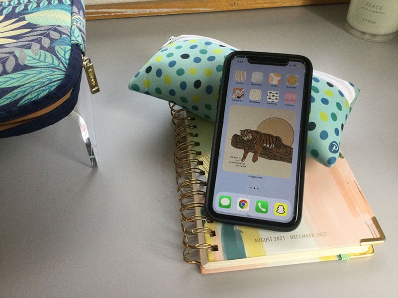 A student planner, a polka-dotted pencil case, and a cell phone stacked on top of a desk.