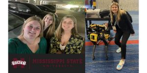 Two side-by-side photos. On the left, 3 college women smiling over the logo for Mississippi State University. On the right, blog author Jordan poses with a piece of engineering machinery.