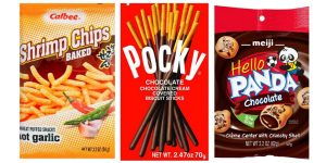 A screenshot of the three snacks described in the blog: Garlic Shrimp Chips, Pocky Sticks, and Hello Panda snacks.