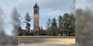 A clock tower on the campus of Iowa State University.