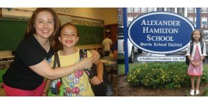 The blog author as a third grader with her favorite teacher and in front of her school.